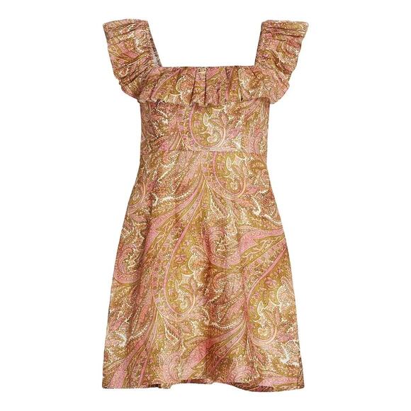 Zimmermann Linen Brighton Ruffle Neck Dress In Sherbet Paisley 1/Small - Picture 2 of 7
